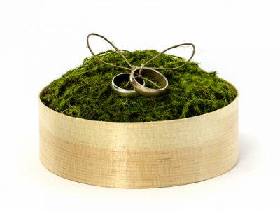 Scatola legno portafedi muschio verde spago per anelli e coperchio