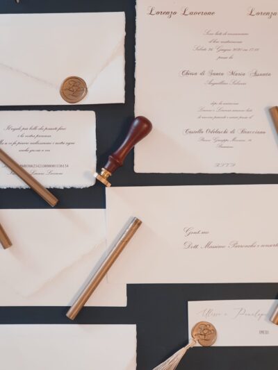 Partecipazione - Carta Amalfi completa biglietto lista nozze e busta intestata